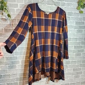 Umgee NWOT Plaid Navy + Orange Skater Dress Size S